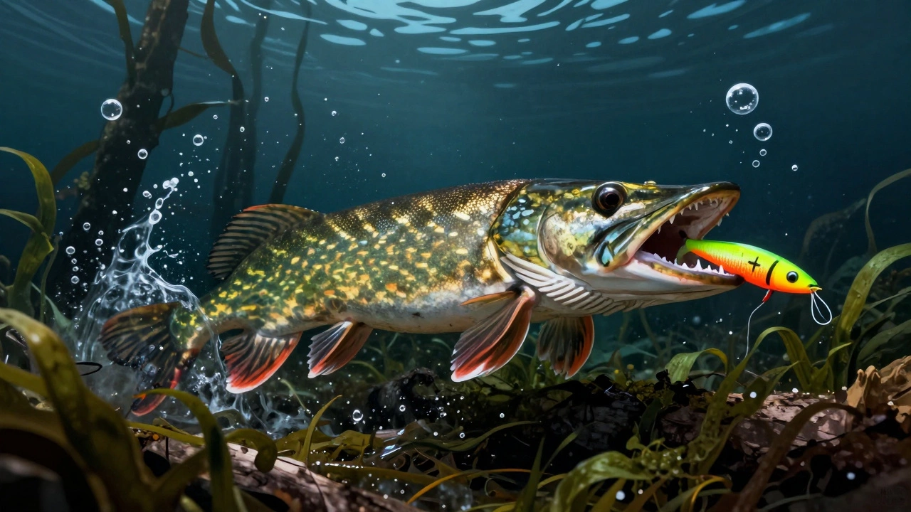 Щука атакует ярко-оранжевую приманку в зарослях водорослей