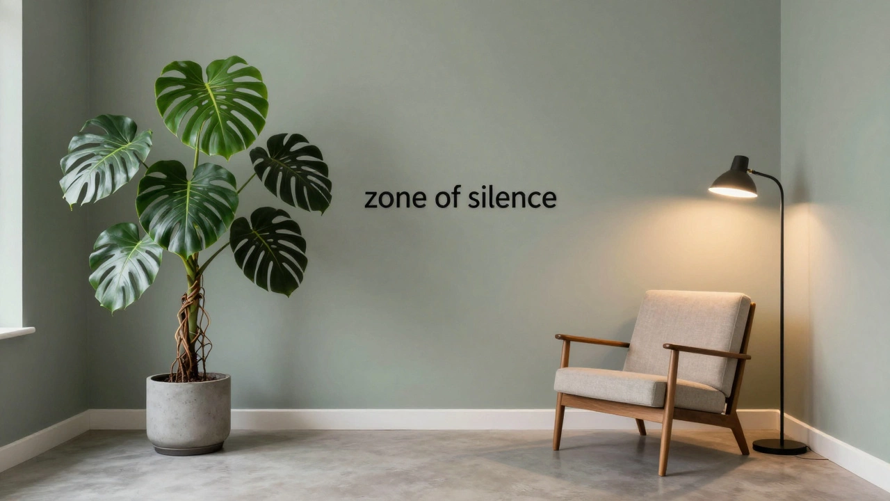 Уютная зона отдыха с комфортным креслом, торшером и крупным зеленым растением в кадке