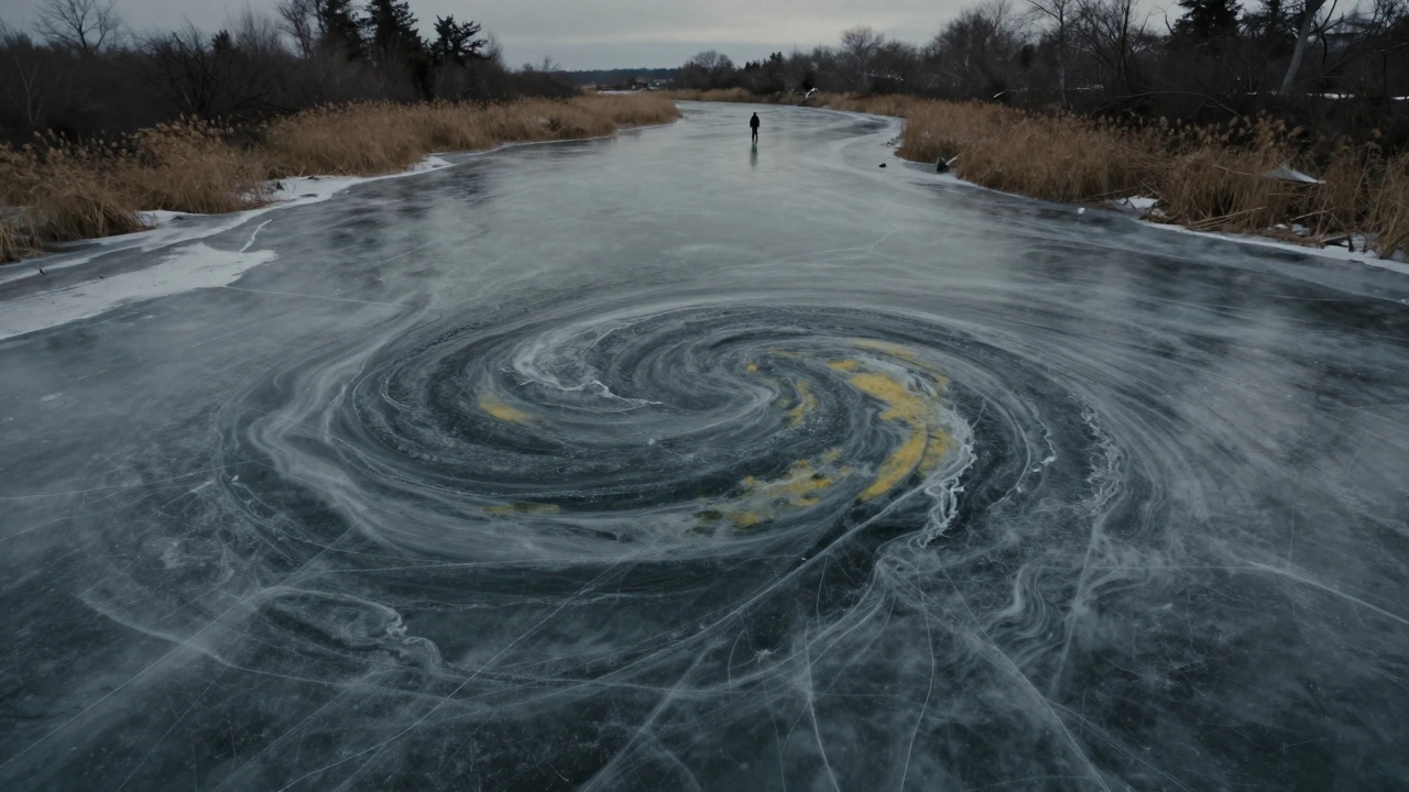 Вид сверху на опасный тонкий лед с трещинами на изгибе реки