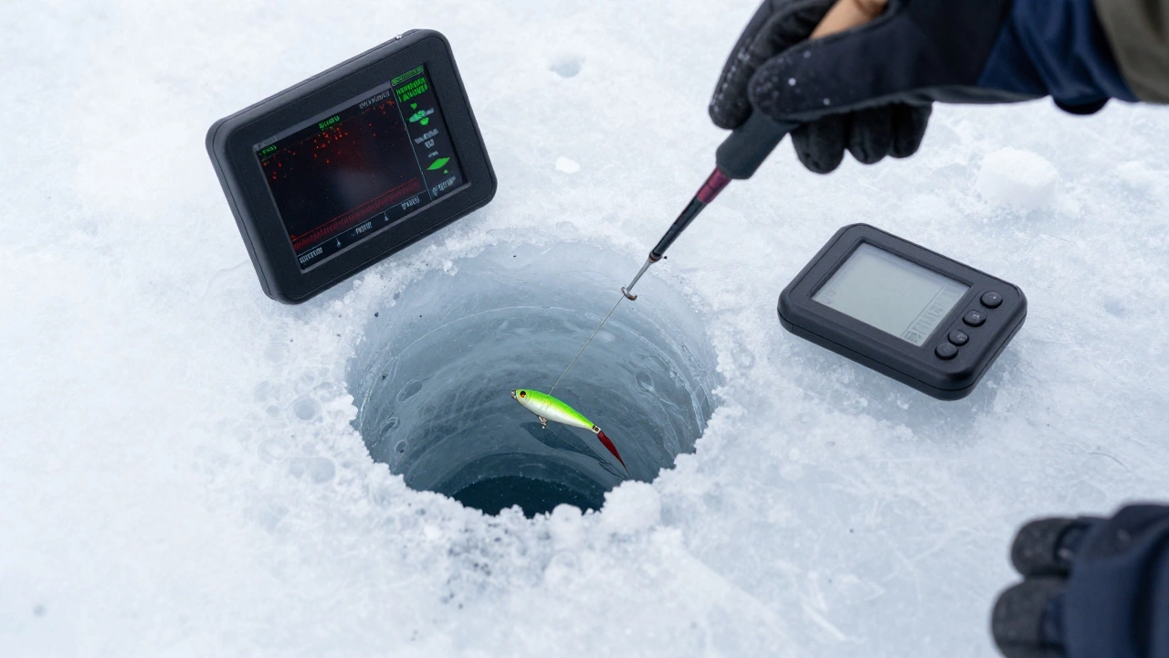 Зимняя удочка с мормышкой и эхолот на снегу у лунки