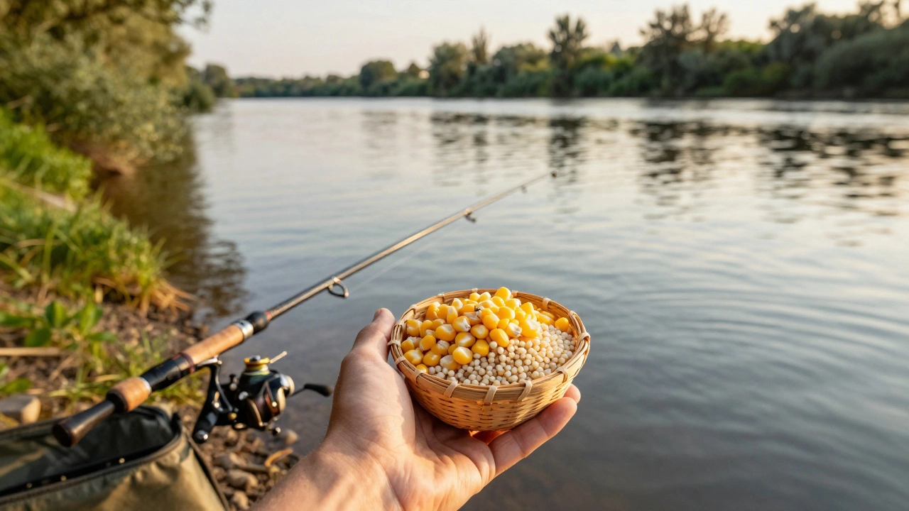 Корзина с кукурузой и перловкой у реки летом