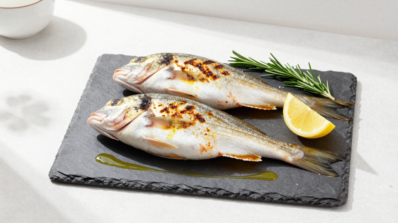 Целая дорада и сибас с лимоном и травами на камне