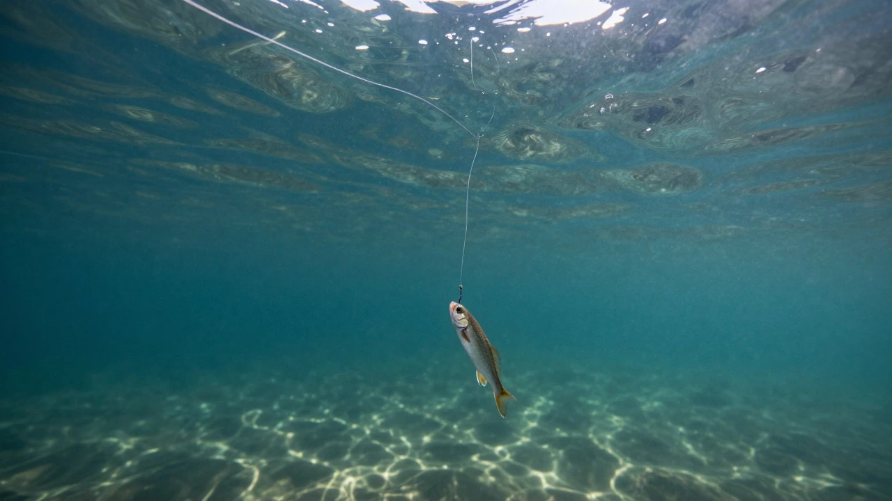 Рыба клюет на невидимый флюорокарбоновый поводок под водой